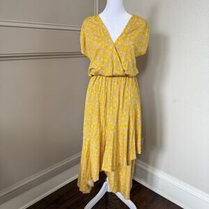 Anthropologie Maeve Yellow Wrap Midi Dress Short Sleeve V-Neck High Low Hem Sz S